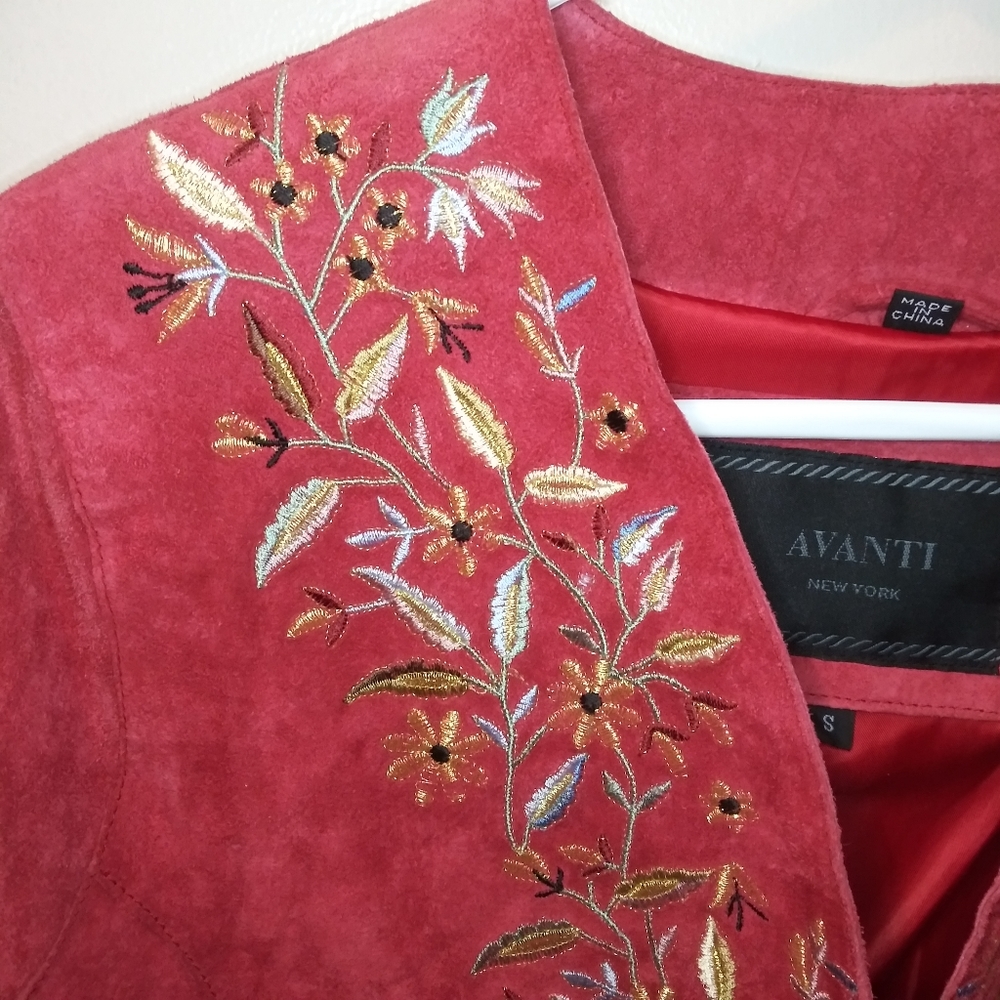 Avanti Boho/Southwestern Brick Red, Floral Embroidered Genuine Suede Coat - Picture 4 of 16